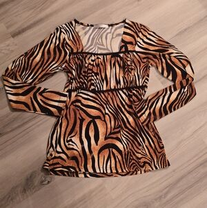 Tiger-Print Square-Neck Long Sleeve Top in Orange and Black